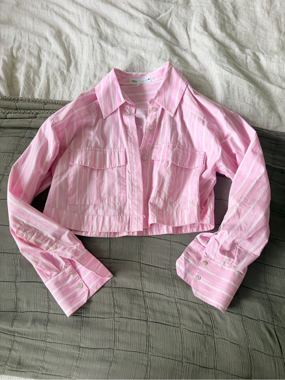 Zara Pink and White Striped Cropped Shirt Jacket